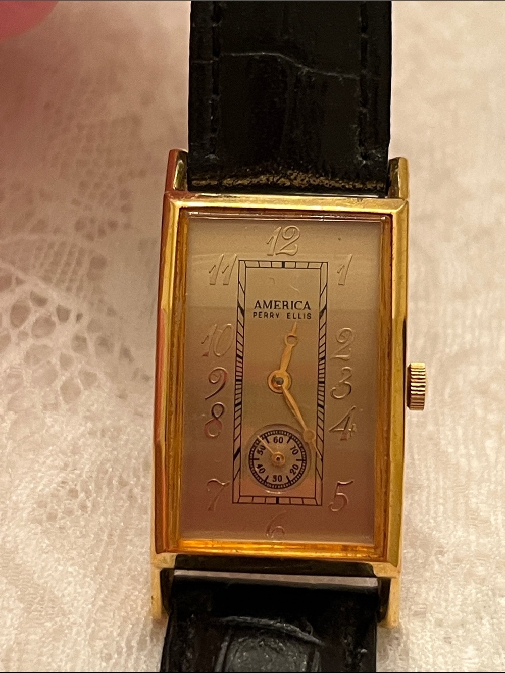America by Perry Ellis Rectangular Gold-Tone  Men’s Watch with Black Strap